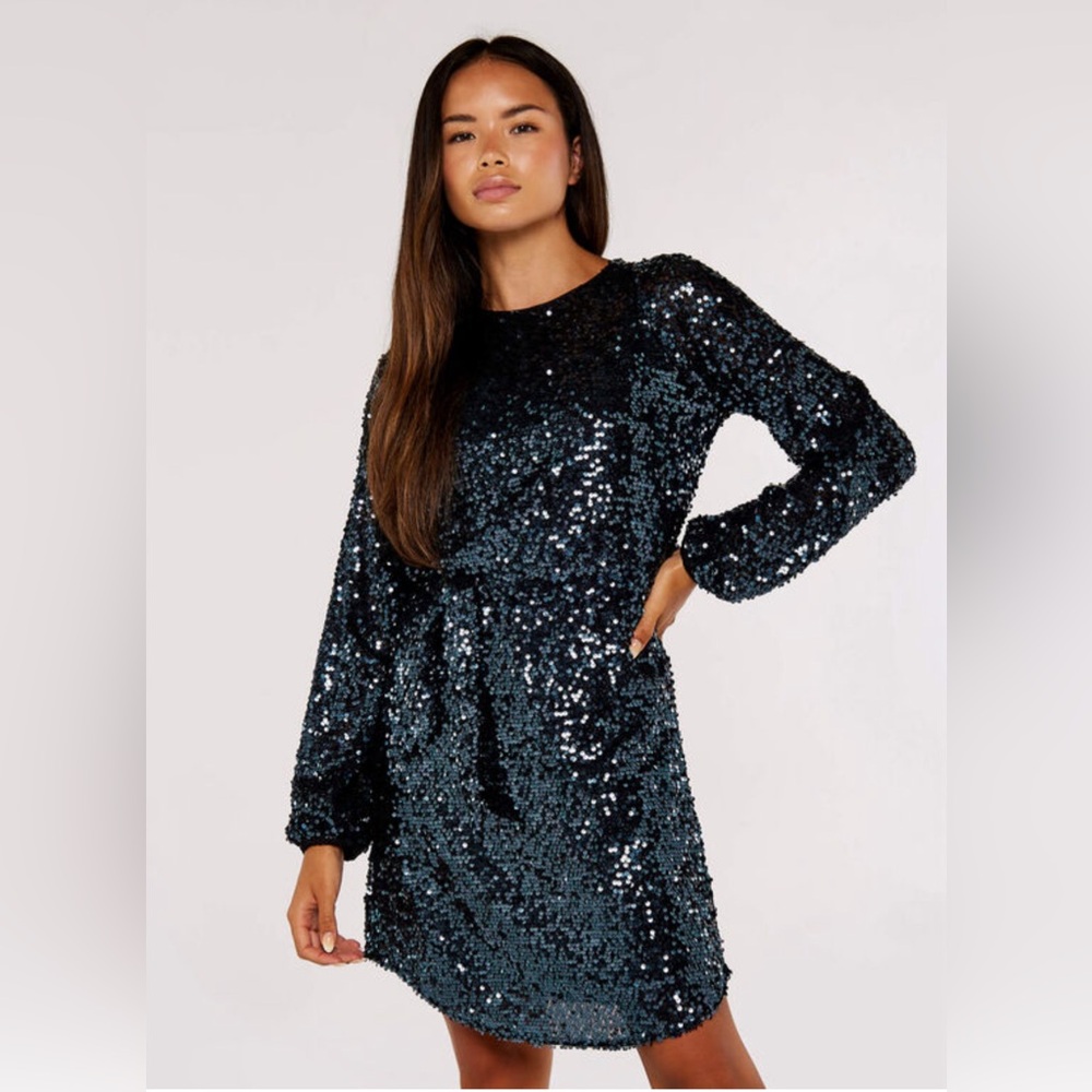 SO ♥️! Apricot Sequin Puff Sleeve Tie Waist Dress